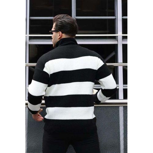 Oversize Çizgili Selanik Örgülü Yarım Fermuar Triko Erkek Kazak - Siyah