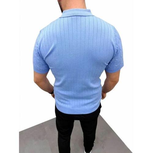 Erkek Yazlık Triko Saç Örgü Tişört Kısa Kol Polo Yaka Fermuarlı T-Shirt - Bebe Mavisi