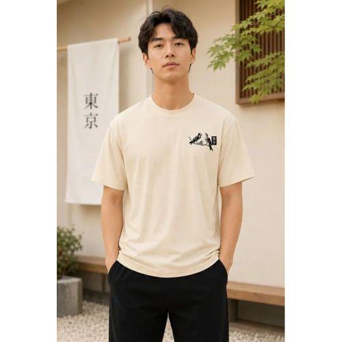 Erkek Ön Ve Arka Tokyo Kuş Çiçek Baskılı Oversize T-Shirt - Ekru
