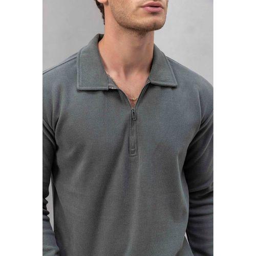 Eric Relax Fit Yarım Fermuarlı Polo Yaka Selanik Kumaş Erkek Sweatshirt - Avcı Yeşili