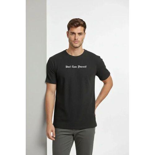 Erkek Wafıl Kumaş Tişört Regular Kalıp Bisiklet Yaka Baskılı Günlük Basic T-Shirt - Siyah
