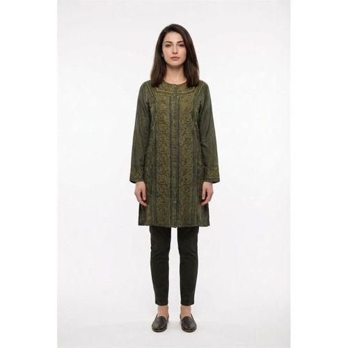 Uzun Katlanabilir Kol İnka Düğmeli Yazlık Otantik Nakışlı Poplin Tunik Haki Hk