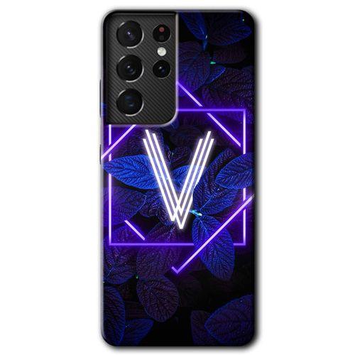 Samsung Galaxy S21 Ultra HD Baskılı Kılıf + 9D Tam Ekran Koruyucu - Dark Neon Yaprak V Harfi