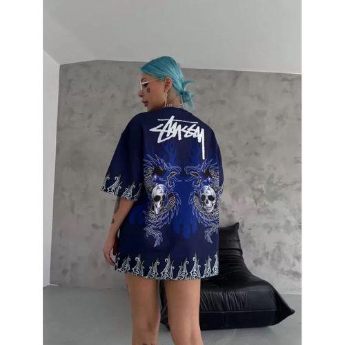 Pilelistore Unisex Bisiklet Yaka Baskılı Oversize T-Shirt - Lacivert