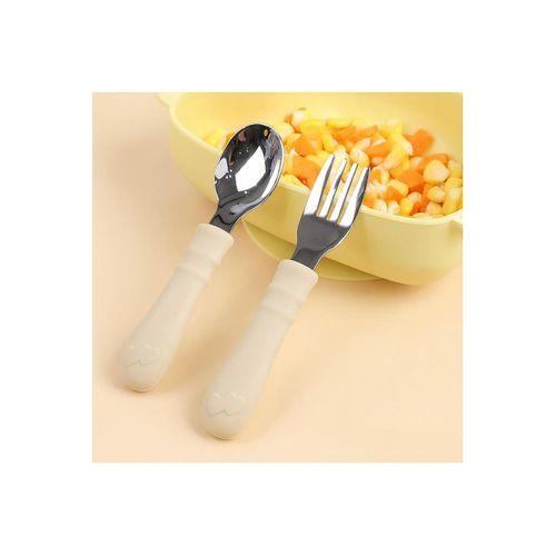 Silikon Saplı Paslanmaz Çelik Bebek Kaşık Çatal Seti Bej