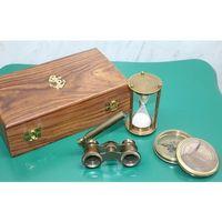 Ahşap Kutulu Pirinç Pusula,kumsaati,dürbün Seti 15682