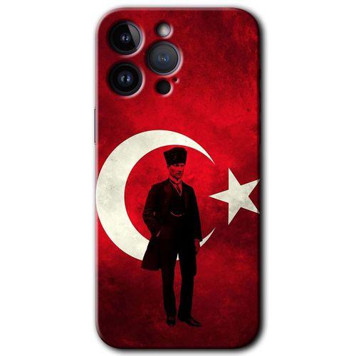 Potkal Hediye Fabrikası iPhone 14 Pro Max Kılıf HD Desen Baskılı Arka Kapak - Temperli Cam - Atatürk Bayrak