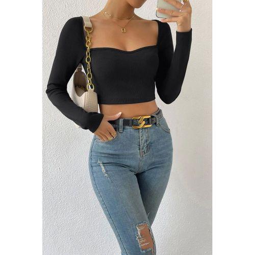 Kadın Siyah Modern Fit Uzun Kol Göğüs Dekolteli Şık Crop Top Bluz