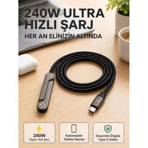 Örgülü 240w Type-c Katlanabilir Telefon Standlı Şarj Kablosu