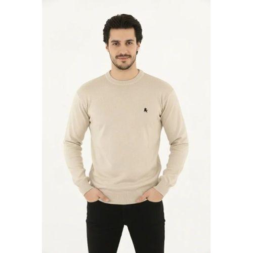 Erkek Bisiklet Yaka Nakış Işlemeli Triko Kazak Yumuşak Dokulu Pamuklu Ince Dokuma, Uzun Kollu Rahat Regular Kalıp - Bej