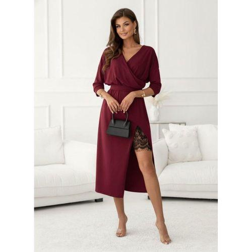 Kadın Uzun Kollu Kruvaze Yakalı Yandan Dantelli Midi Ithal Krep Elbise