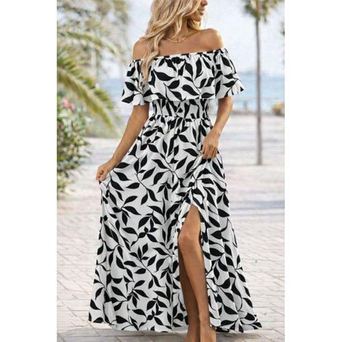 Kadın Madonna Yaka Göğüs Lastikli Yırtmaçlı Uzun Desenli Süprem Elbise