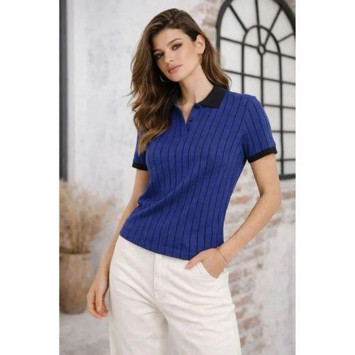 Polo Yaka Çizgili Tişört Kısa Kol Düğmeli Yazlık T-Shirt - Saks Mavisi