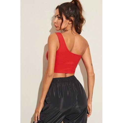 Kadın Kırmızı Fit Görünümlü Tek Omuz Crop Top Büstiyer