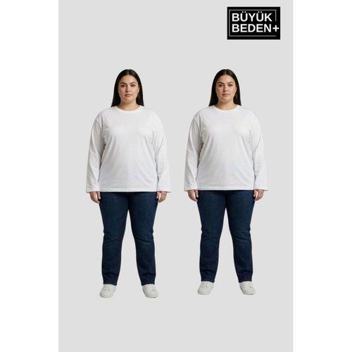 Kadın Büyük Beden 2 li Set Uzun Kollu 2 İplik Bisiklet Yaka Tişört SPR26BEA942+2