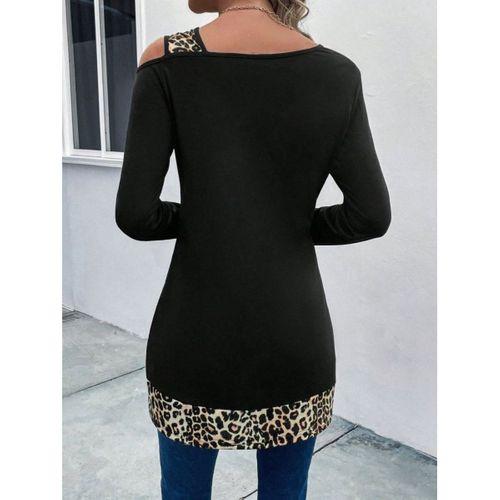Kadın Tek O Uzdan Açık Askılı Uzun Kollu Leopar Detaylı Viskon Bluz