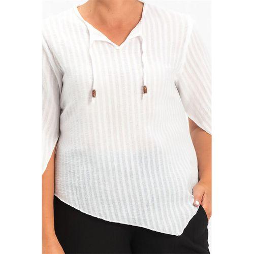 Truvakar Kol Büyük Beden Gofre Rodos Yazlık Bluz Beyaz Byz