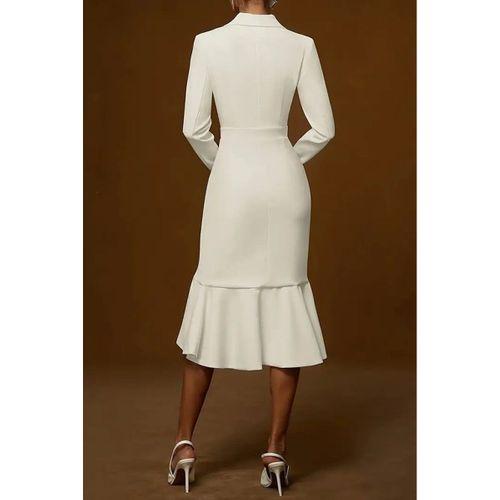 Kadın Uzun Kollu Yakalı Belden Oturtmalı Midi Ithal Krep Elbise