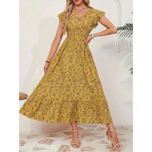 Kadın Kısa Kollu Kruvaze Yaka Beli Lastikli çiçek Desenli Elbise