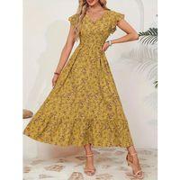 Kadın Kısa Kollu Kruvaze Yaka Beli Lastikli çiçek Desenli Elbise