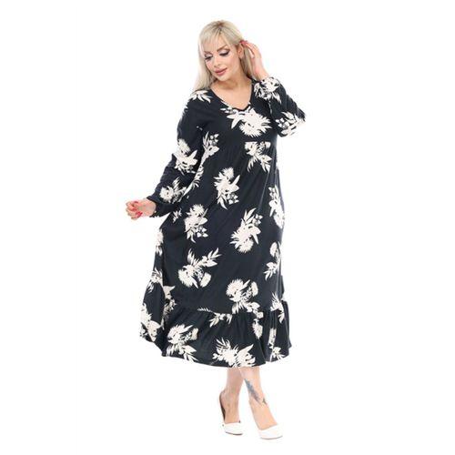 Melsay Butik Kışlık Robalı Yumoş Uzun Kollu Siyah Beyaz Yaprak Desenli Elbise