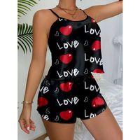 Aşk Temalı Kalp Desenli Siyah Saten Şortlu Gecelik Takım