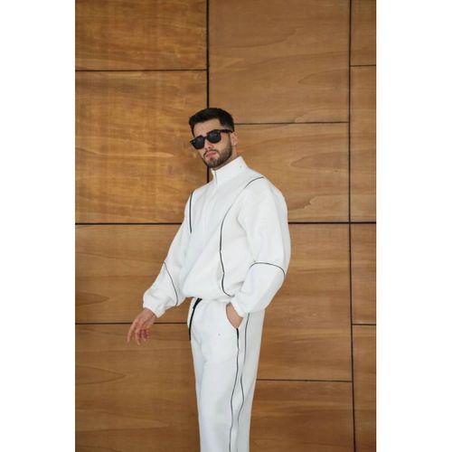 Erkek Premium Parçalı Eşofman Takım - Dik Yaka Fermuarlı Biyeli Sweatshirt Lastik Paça Alt, Oversize 3 Iplik Şardonlu - Beyaz