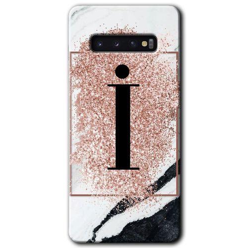 Samsung Galaxy S10 Kılıf HD Desen Baskılı Arka Kapak + Temperli Cam - Pembe Mermer Desenli İ Harfi