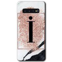 Samsung Galaxy S10 Kılıf HD Desen Baskılı Arka Kapak + Temperli Cam - Pembe Mermer Desenli İ Harfi