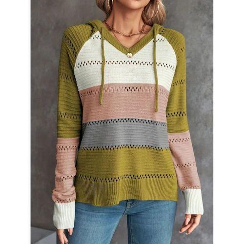 Kadın Uzun Kollu V Yakalı Bağcıklı Kapşonlu Triko Bluz