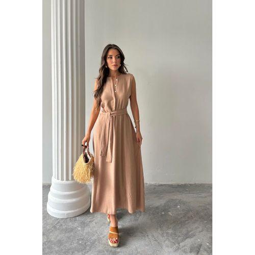 KETEN ELBİSE KOLSUZ BEL BAĞLAMALI MAXİ ELBİSE - Kahverengi