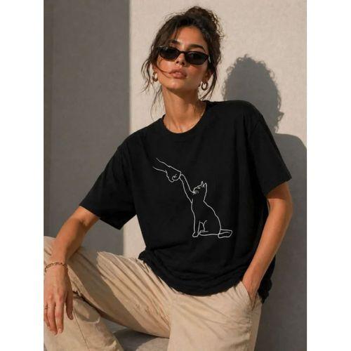 Minimal Kedi Çizim Baskılı Tişört Kısa Kol Yazlık T-Shirt - Siyah