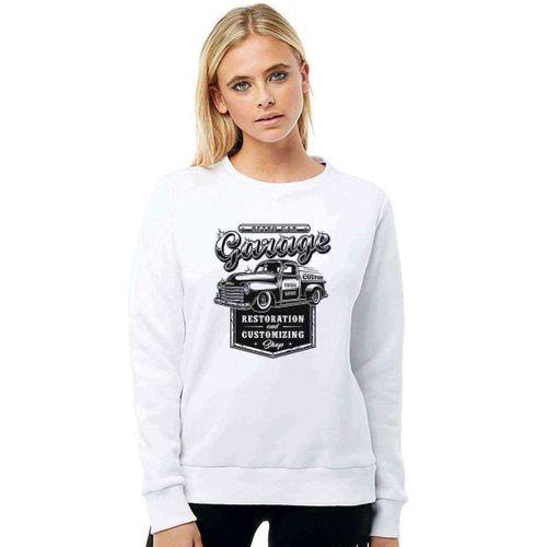 Retro Car Garage Baskılı Beyaz Kadın Sweatshirt