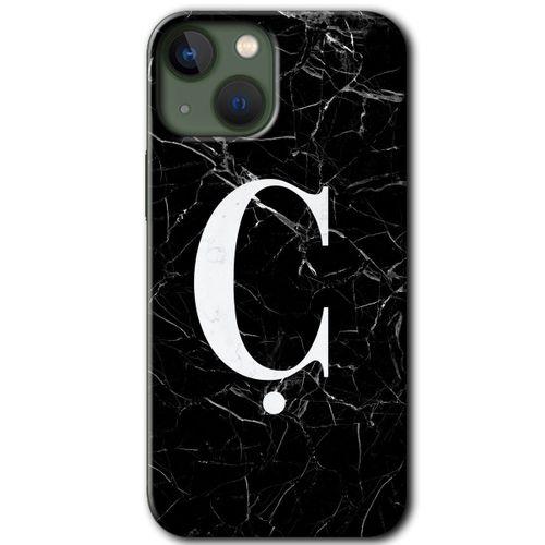 iPhone 13 Kılıf Baskılı Kapak - Siyah Mermer Desenli Ç Harfi + 5D Tam Kaplayan Cam