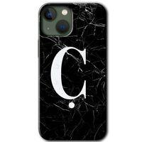 iPhone 13 Kılıf Baskılı Kapak - Siyah Mermer Desenli Ç Harfi + 5D Tam Kaplayan Cam