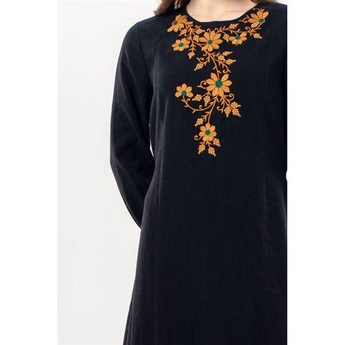 Uzun Kol Aysu Nakışlı Bisiklet Yaka Şile Bezi Yazlık Uzun Elbise Siyah Syh