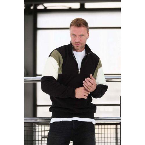 Oversize Erkek Kolları Garnili Selanik Örme Erkek Sweatshirt - Siyah