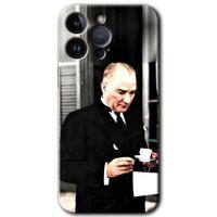 iPhone 14 Pro Kılıf HD Desen Baskılı Arka Kapak - Temperli Cam - Atatürk Türk Kahvesi