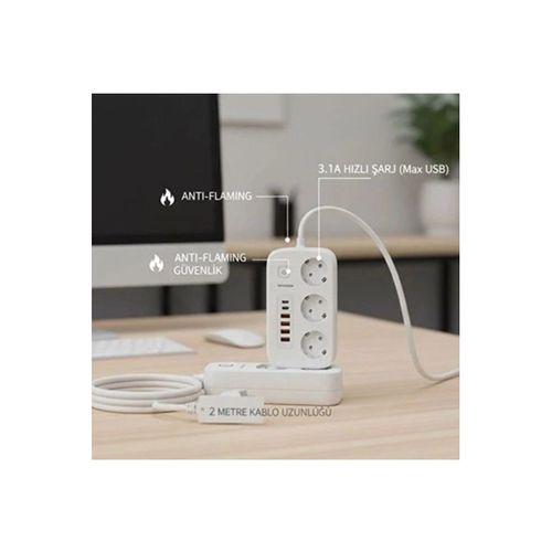 akım Korumalı Priz Ve Masaüstü Şarj İstasyonu Kablosuz 3 Priz ,4 Usb, 2 Type-c Girişli 2 Metre