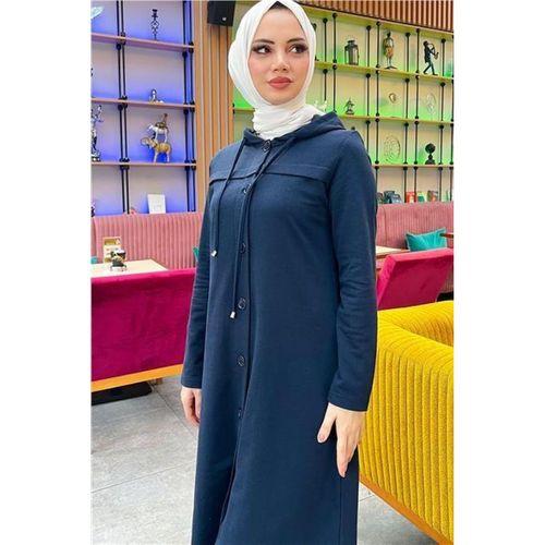 Kapşonlu Düğmeli Sade Basic Uzun Tunik ve Pantolon İkili Spor Takım - 03072.015 - Lacivert
