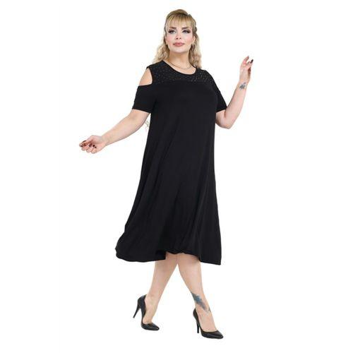 Melsay Butik Siyah Taş Baskılı Omuzu Açık Midi Elbise