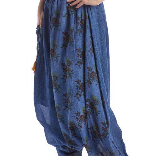 İndigo Beli Lastikli Otantik Yazlık Kadın Püsküllü Poplin Şalvar
