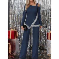 Kadın Tek Omuzdan Açık Uzun Kollu önü Pulpayet Ithal Krep Bluz Ve Pantolon