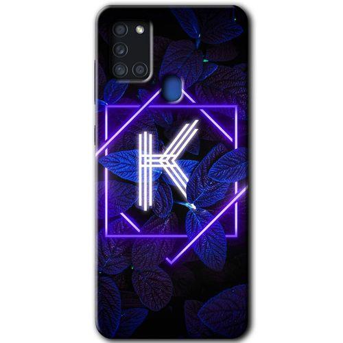MRCİLETİSİM Samsung Galaxy A21s Kılıf Baskılı Kapak - Dark Neon Yaprak K Harfi +Tam Ekran Koruyucu