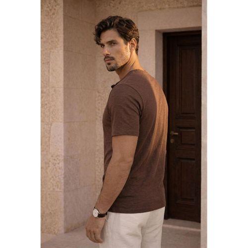 Edgar Regular Fit 3 Düğmeli Pat Flamlı Suprem Kumaş Pis Yaka Erkek T-Shirt - Kahve