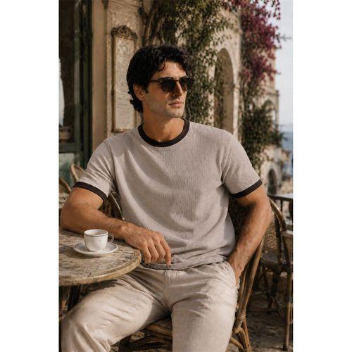 Miyazaki Regular Fit %100 Pamuk Waffle Box Bisiklet Yaka Erkek T-Shirt - Çakıl Taşı