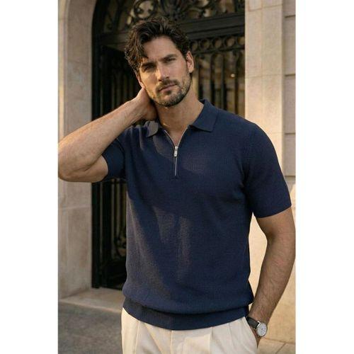 Jeff Selanik Örgü Polo Yaka Yarım Fermuarlı İnce Triko Erkek T-Shirt - Lacivert
