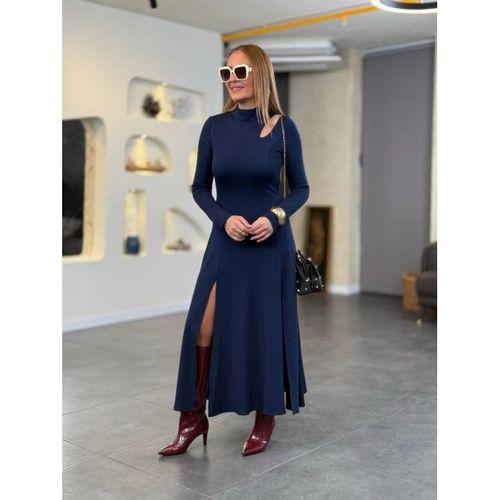Kadın Balıkçı Yaka Damla Detaylı Yırtmaçlı Uzun Viskon Iki Iplik Maxi Elbise