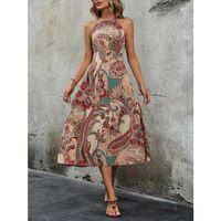 Kadın Kolsuz Boyundan Bağlamalı Beli Lastikli Dijital Baskı Süprem Uzun Elbise