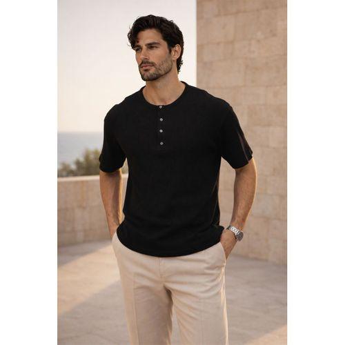 Roth Relaxed Fit Günlük Henley Yaka Waffle Kumaş Yazlık Kısa Kollu T-Shirt - Siyah